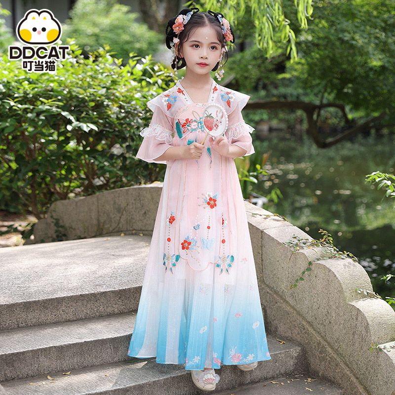 叮噹貓漢服女童夏裝中國風超仙女唐裝連衣裙夏款兒童古裝夏季裙子