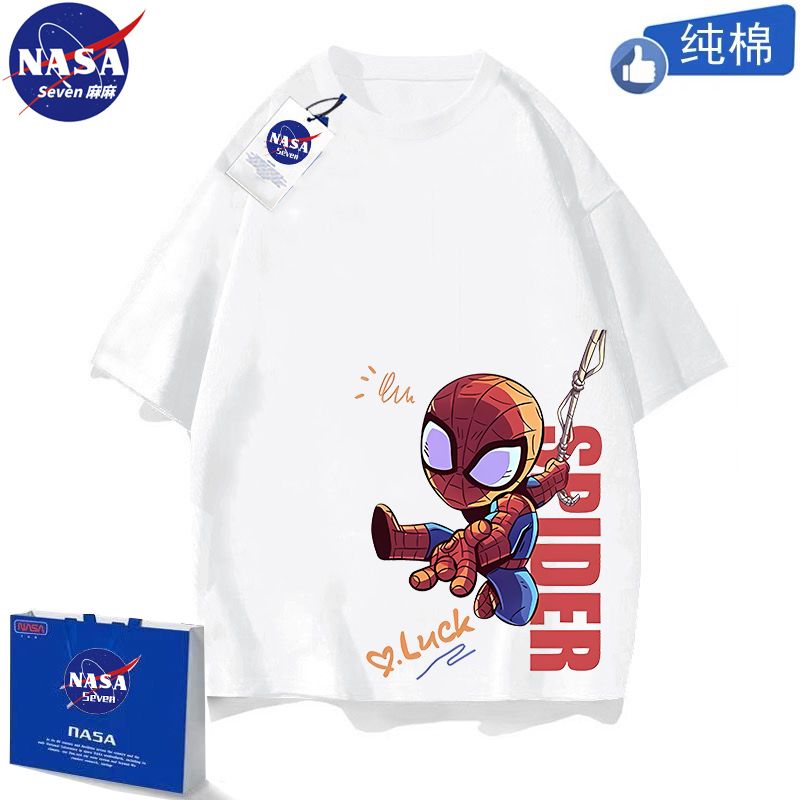 NASA children's clothing cartoon Spider-Man short-sleeved boy's summer pure cotton T-shirt Korean style versatile top for middle and older children