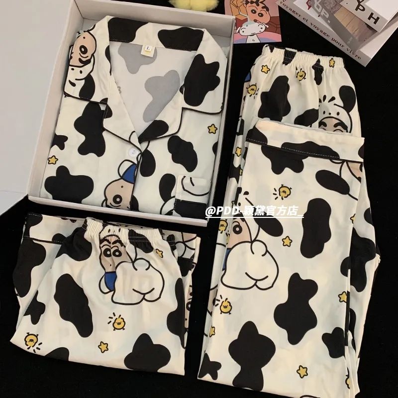 新款ins卡通蠟筆小新睡衣女夏季三件套可愛奶牛帕恰狗家居服套裝