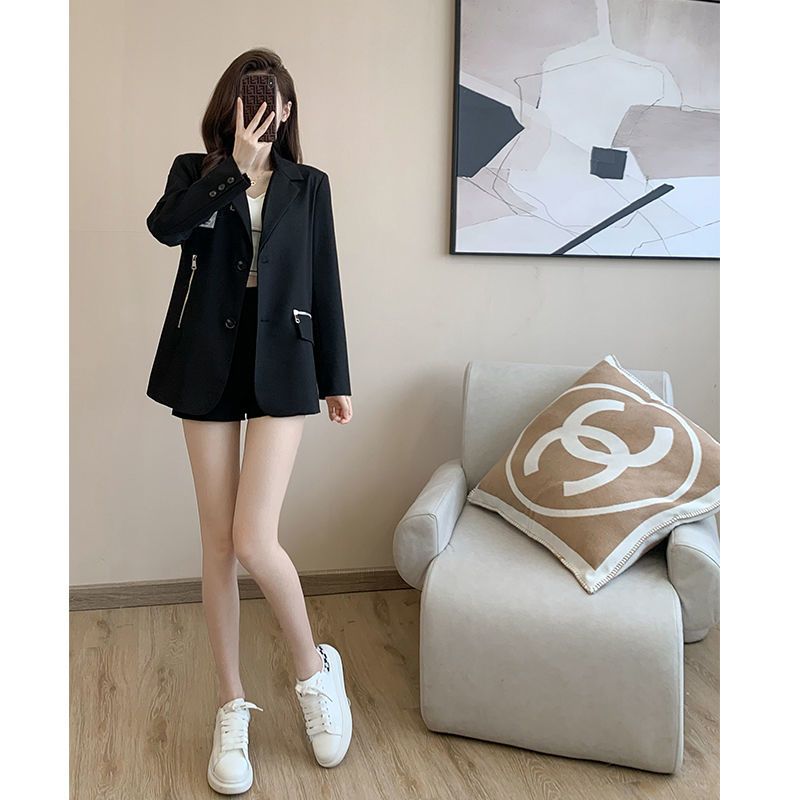 Black shoulder-padded blazer for women, high-end design Korean style casual versatile Internet celebrity temperament small suit top