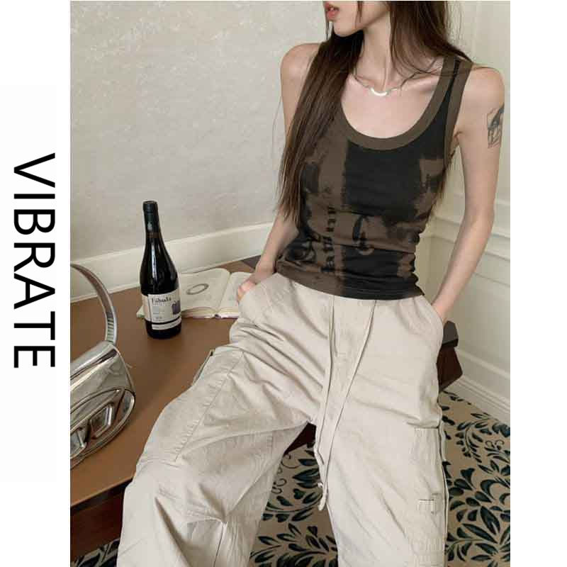 VIBRATE韓版多巴胺穿搭無袖背心2023夏韓版設計感百搭印花上衣ins