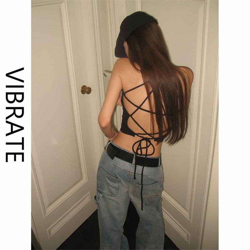 VIBRATE設計感交叉綁帶露背辣妹吊帶背心女內搭無袖短款上衣外穿
