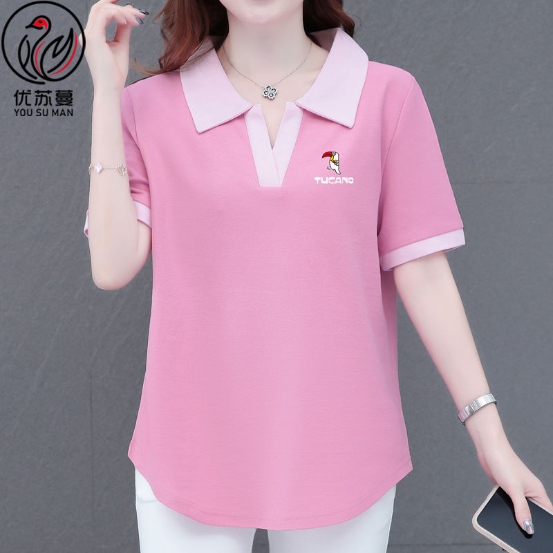 Woodpecker T-shirt short-sleeved women's  summer new POLO collar large size women's clothes showing thin body covering tops trendy