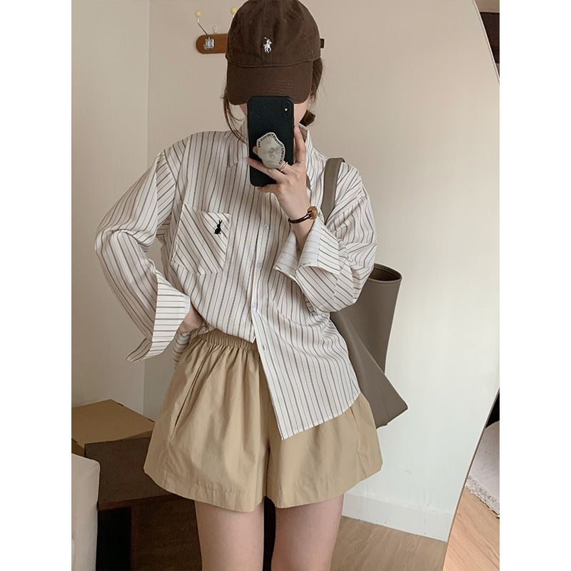 條紋襯衫女2023春秋復古韓版chic設計感小眾休閒復古港味長袖上衣