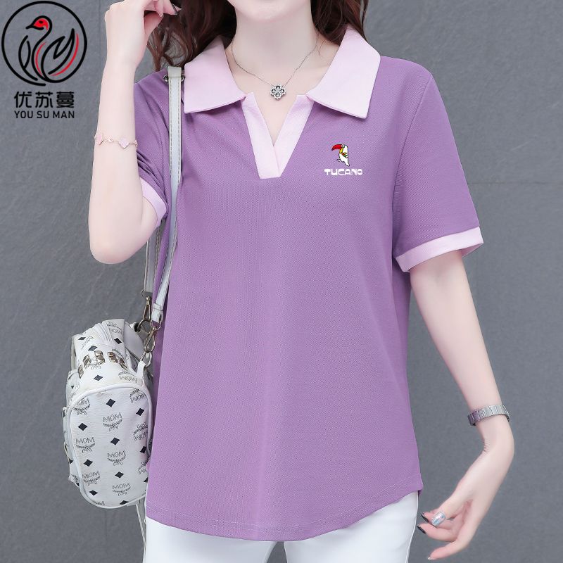 Woodpecker T-shirt short-sleeved women's  summer new POLO collar large size women's clothes showing thin body covering tops trendy