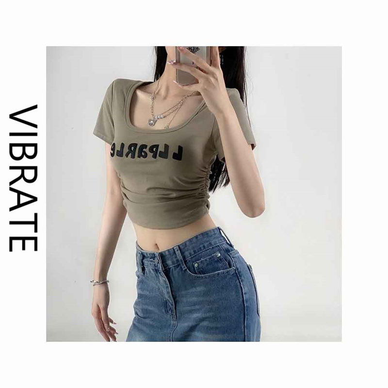 VIBRATE American retro letter print shoulder short-sleeved t-shirt women's short hot girl irregular fold top