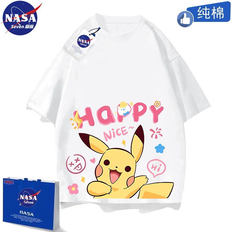 NASA卡通皮卡丘短袖男童帅气夏季纯棉T恤薄款透气中大童学生上衣