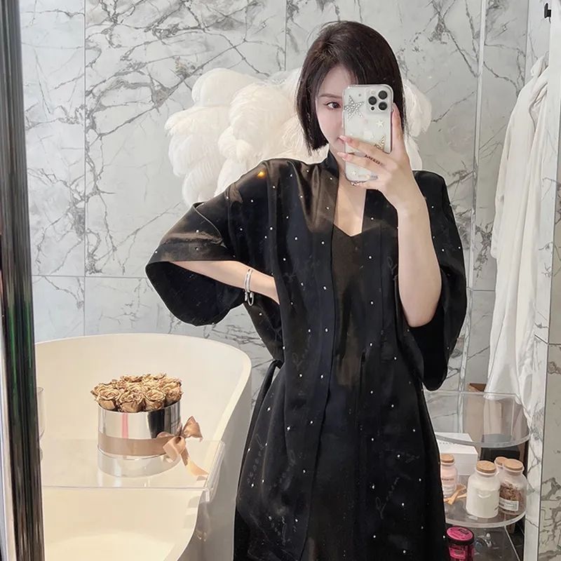 2023冰丝新款夏季睡衣睡袍纯色简约两件套韩版奢华居家可外穿睡袍