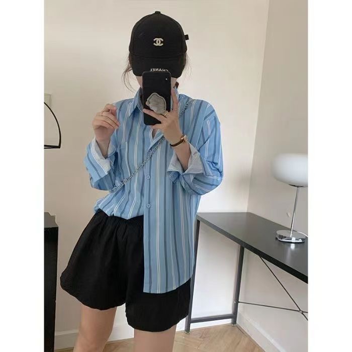 格瑞吉奧條紋襯衫外套女夏獨特别致薄款開衫外搭寬鬆長袖防曬上衣