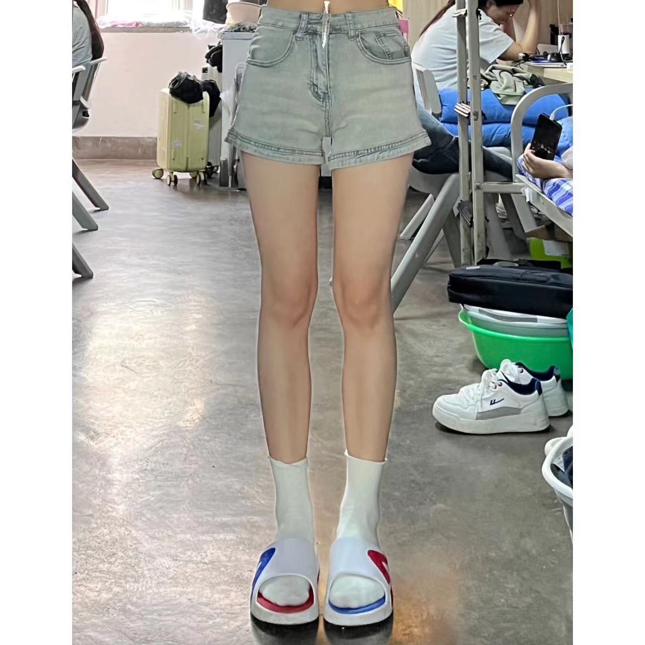 懷舊藍色牛仔短褲女水洗彈力熱褲包臀顯腿長做舊夏季百搭美式潮流