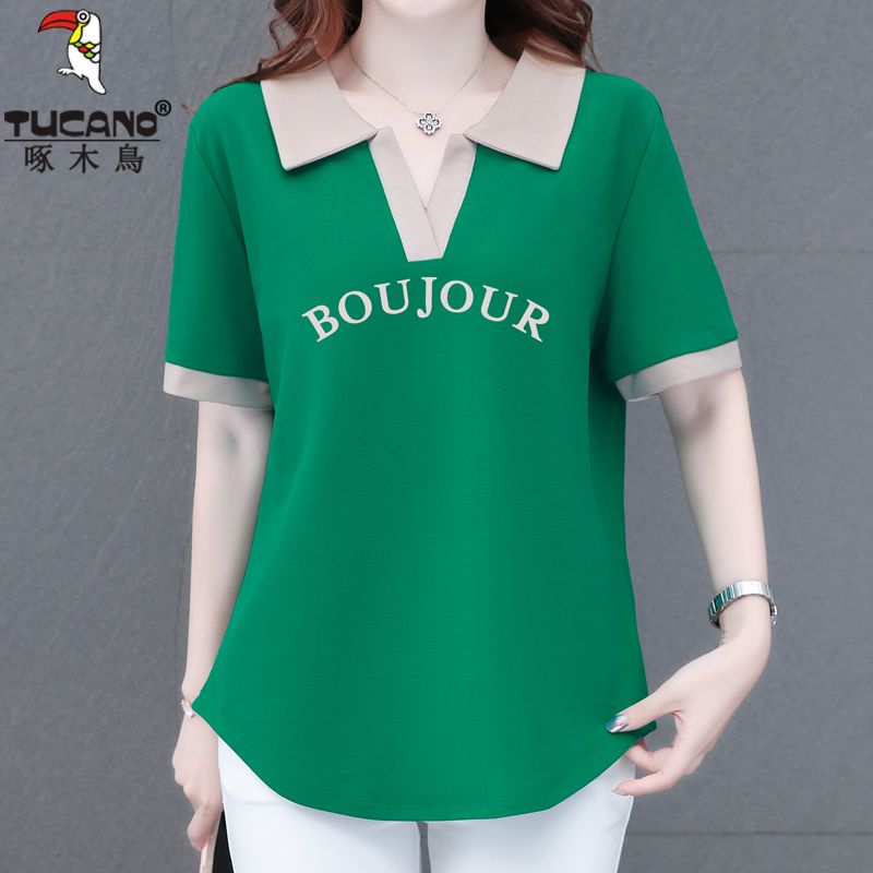 Woodpecker T-shirt short-sleeved women's  summer new POLO collar large size women's clothes showing thin body covering tops trendy