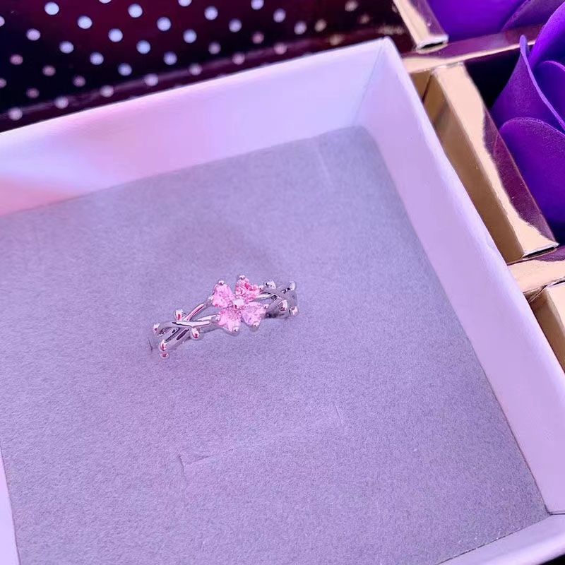 New Trendy Pink Moissanite S925 Silver Adjustable Open For Women Elegant Small Flower Food Ring Fashion_voghion.com