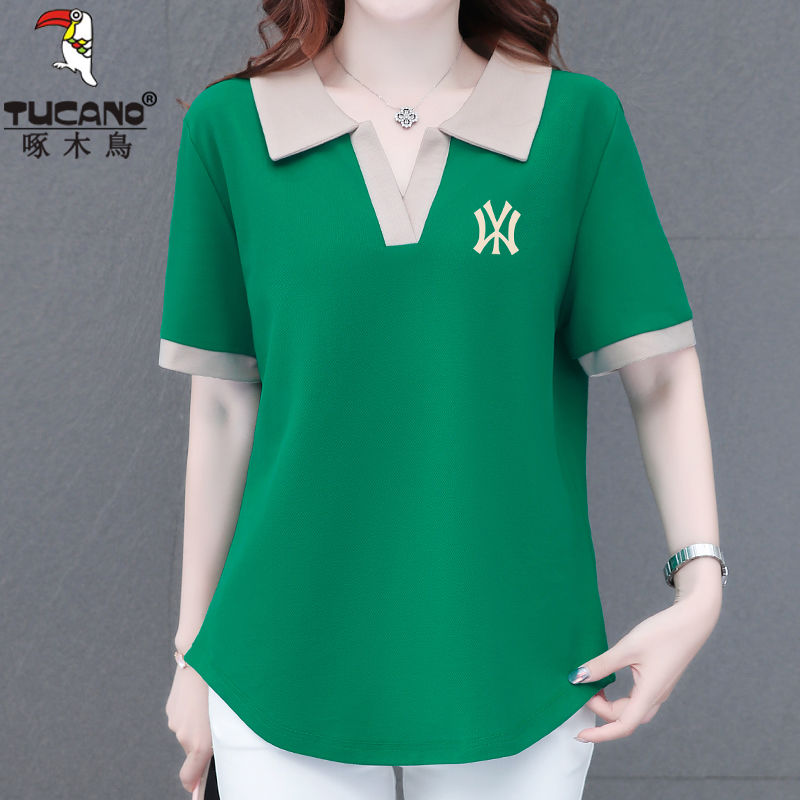 Woodpecker T-shirt short-sleeved women's  summer new POLO collar large size women's clothes showing thin body covering tops trendy