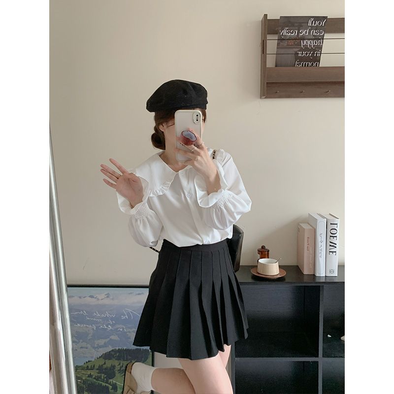 甜美學院風娃娃領襯衫女新款2023春秋設計感法式減齡復古白上衣女
