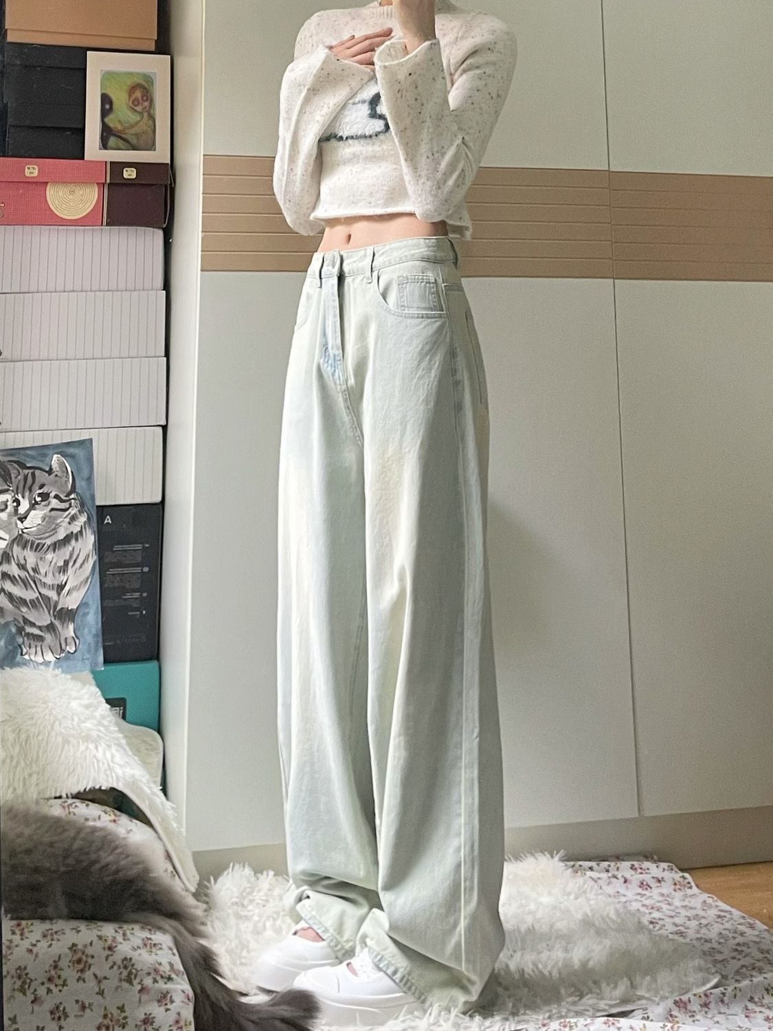 復古淺色垂感直筒牛仔褲女夏季新款高腰寬鬆顯瘦百搭闊腿拖地褲子