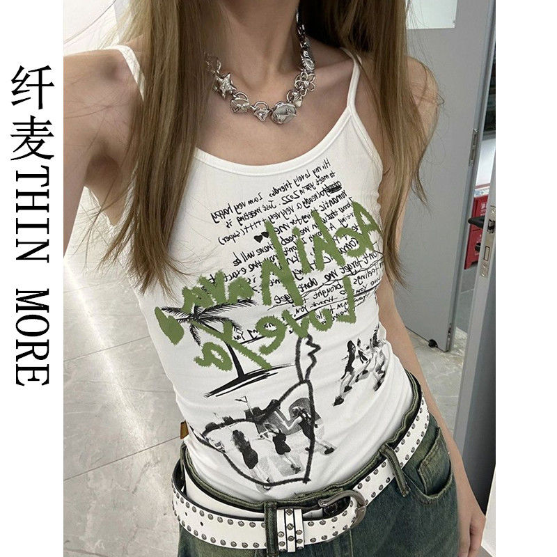 Fianmai THIN MORE retro short hot girl print new design sweet and spicy ins short suspender top for women