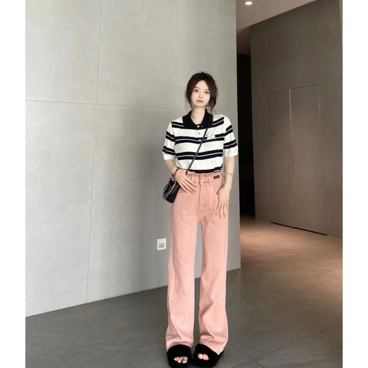 髒粉色牛仔褲女水洗拖地長褲百搭春秋季顯瘦遮肉復古直筒毛邊小眾