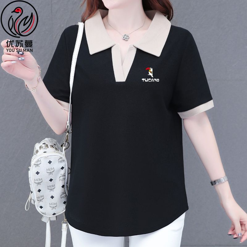 Woodpecker T-shirt short-sleeved women's  summer new POLO collar large size women's clothes showing thin body covering tops trendy