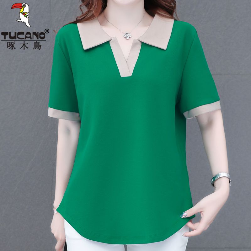 Woodpecker T-shirt short-sleeved women's  summer new POLO collar large size women's clothes showing thin body covering tops trendy