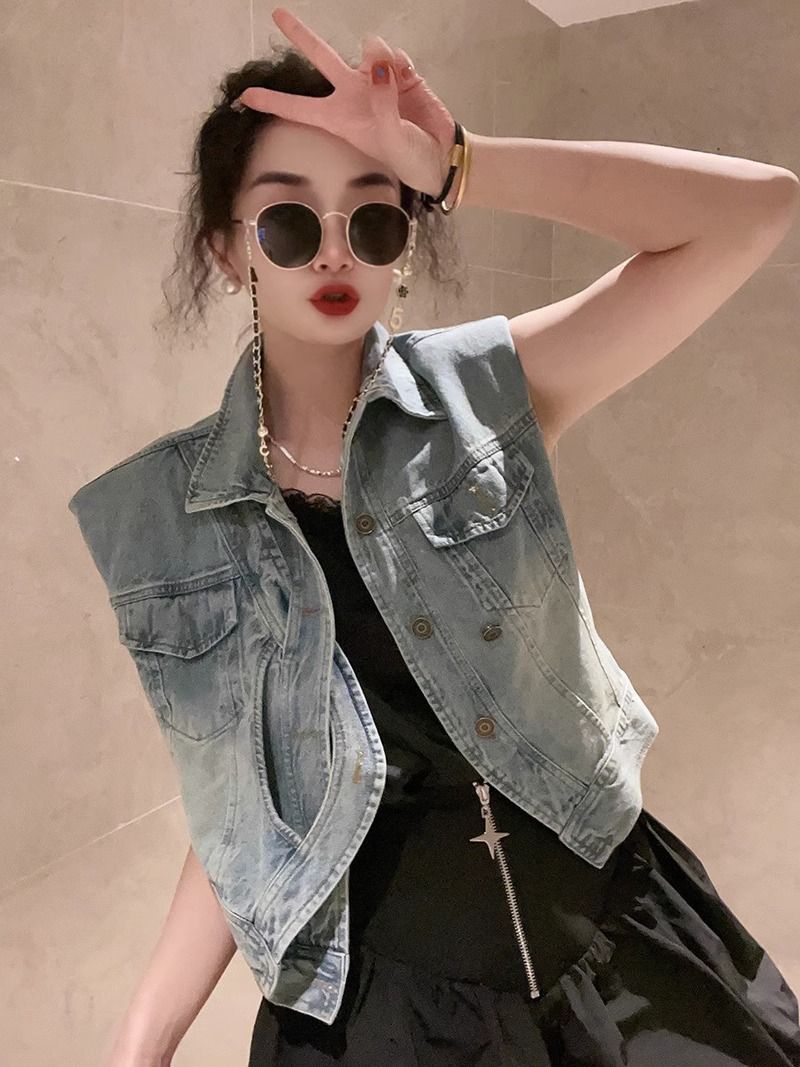 Retro Hong Kong style old washed denim vest women's spring and autumn new shoulder pads simple and thin Korean style outerwear vest tide