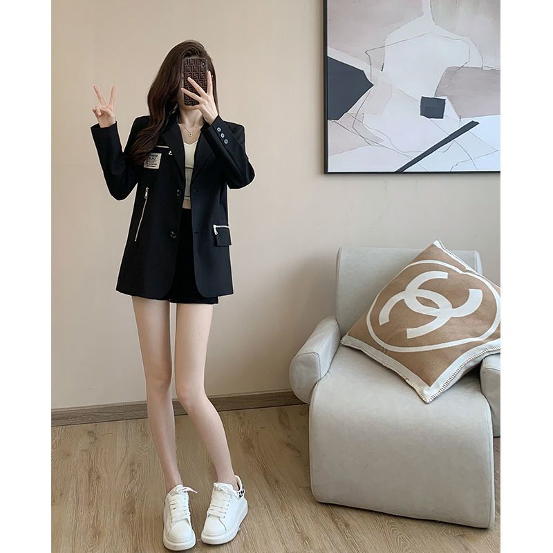 Black shoulder-padded blazer for women, high-end design Korean style casual versatile Internet celebrity temperament small suit top