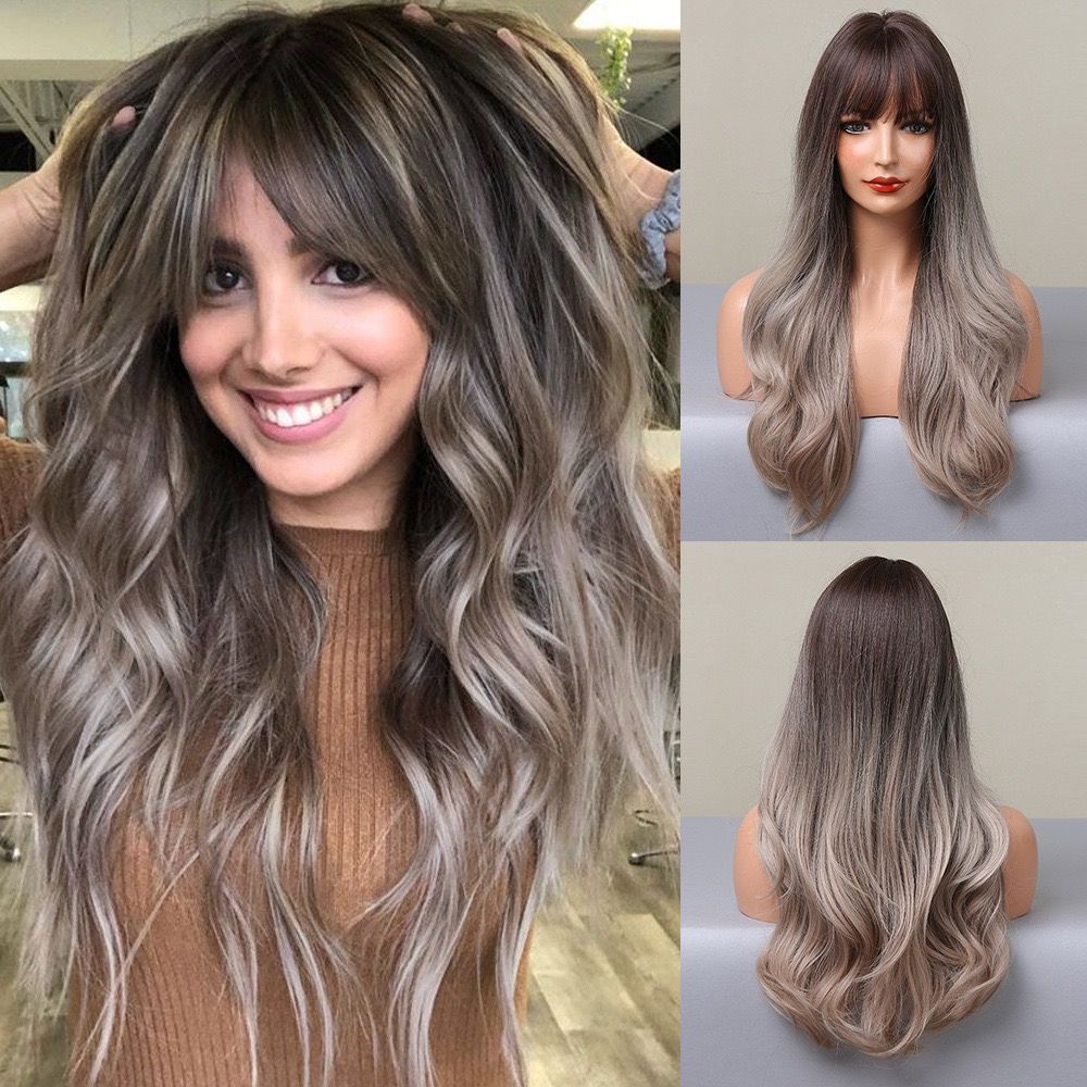 Gray Gradient Long Curly Synthetic Wig For Women Natural Look_voghion.com
