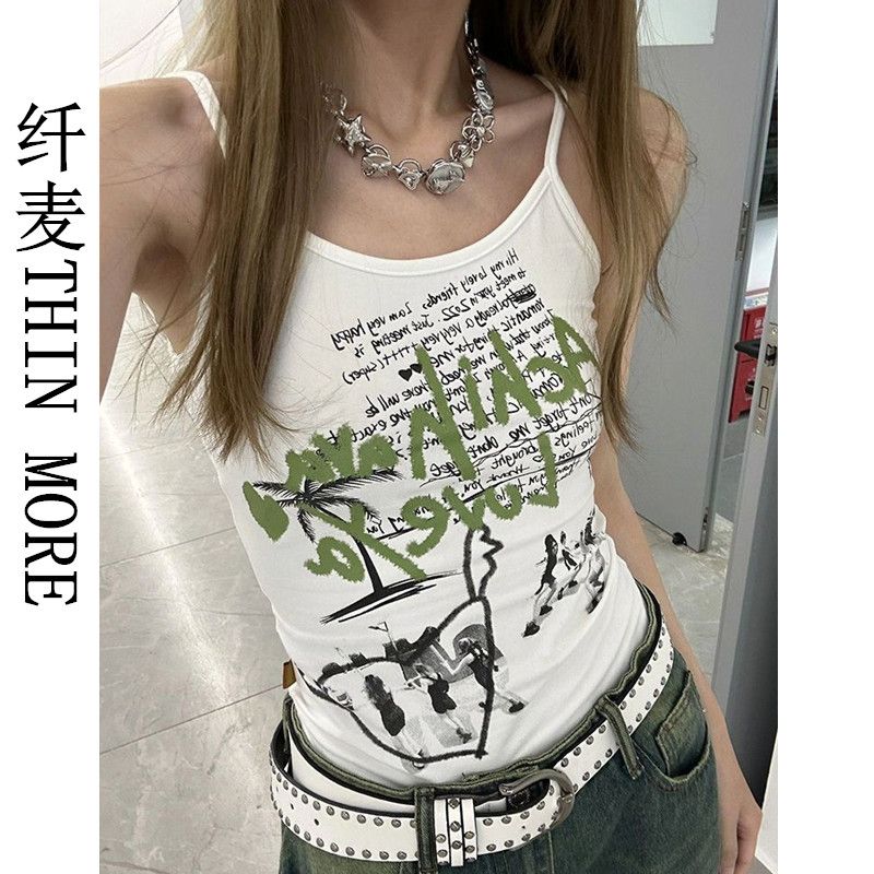 纖麥THIN MORE吊帶背心女夏季新款美式復古塗鴉印花甜辣妹上衣ins