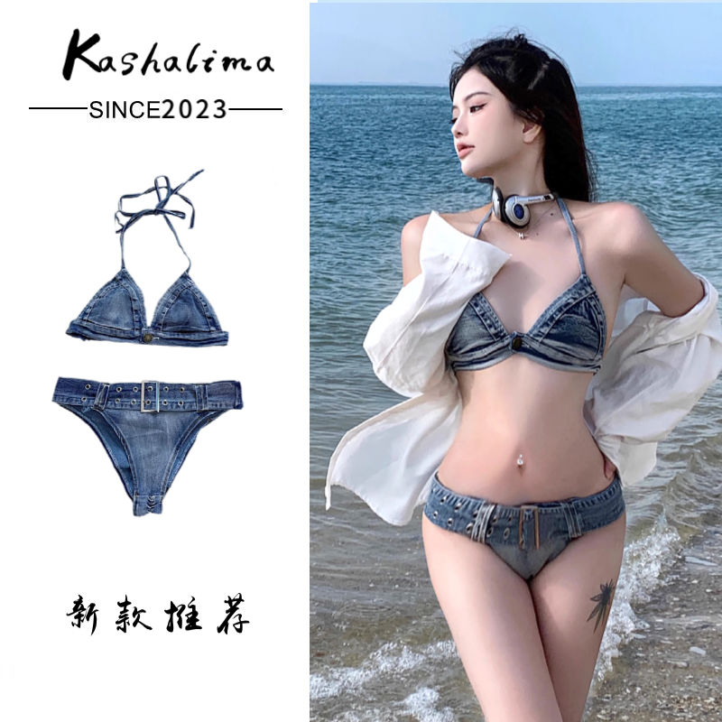 European and American style ins retro denim internet celebrity niche sexy hottie split three-point bikini beach swimsuit for women