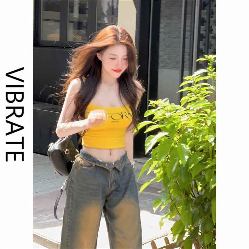 VIBRATE甜辣妹美式吊帶背心女夏季純欲黃色無袖性感歐美內搭上衣