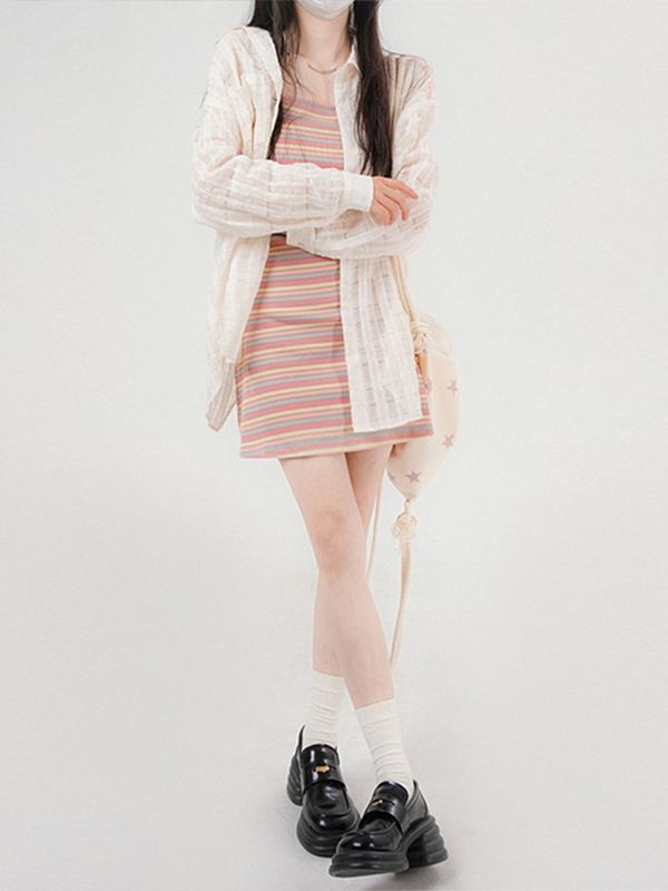 彩虹吊带连衣裙子女夏季新款法式小众设计感气质显瘦辣妹短裙套装