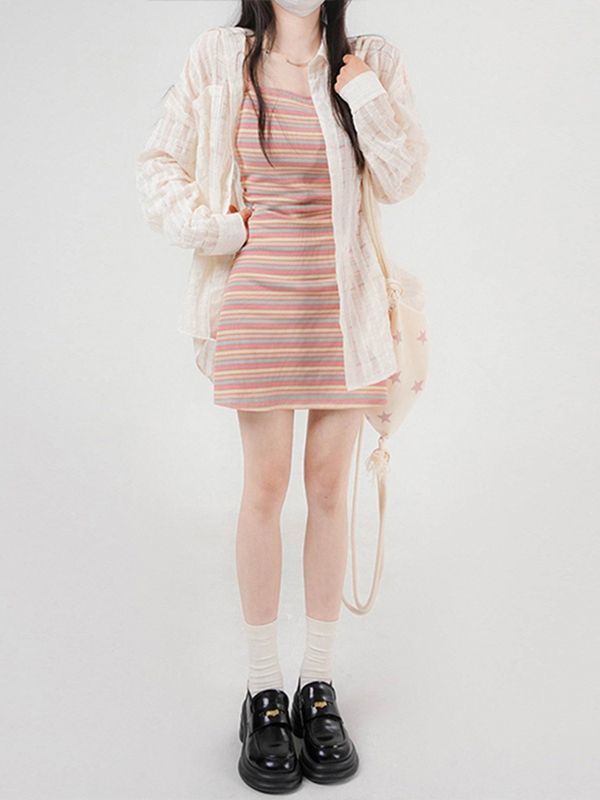 彩虹吊带连衣裙子女夏季新款法式小众设计感气质显瘦辣妹短裙套装