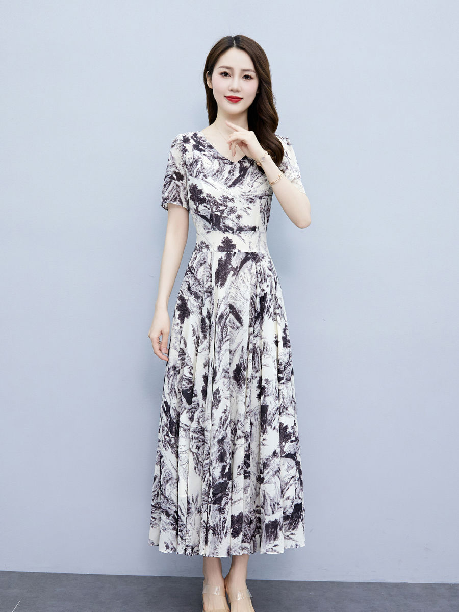 高檔雪紡碎花連衣裙女2023新款夏季時尚印花收腰顯瘦氣質優雅長裙