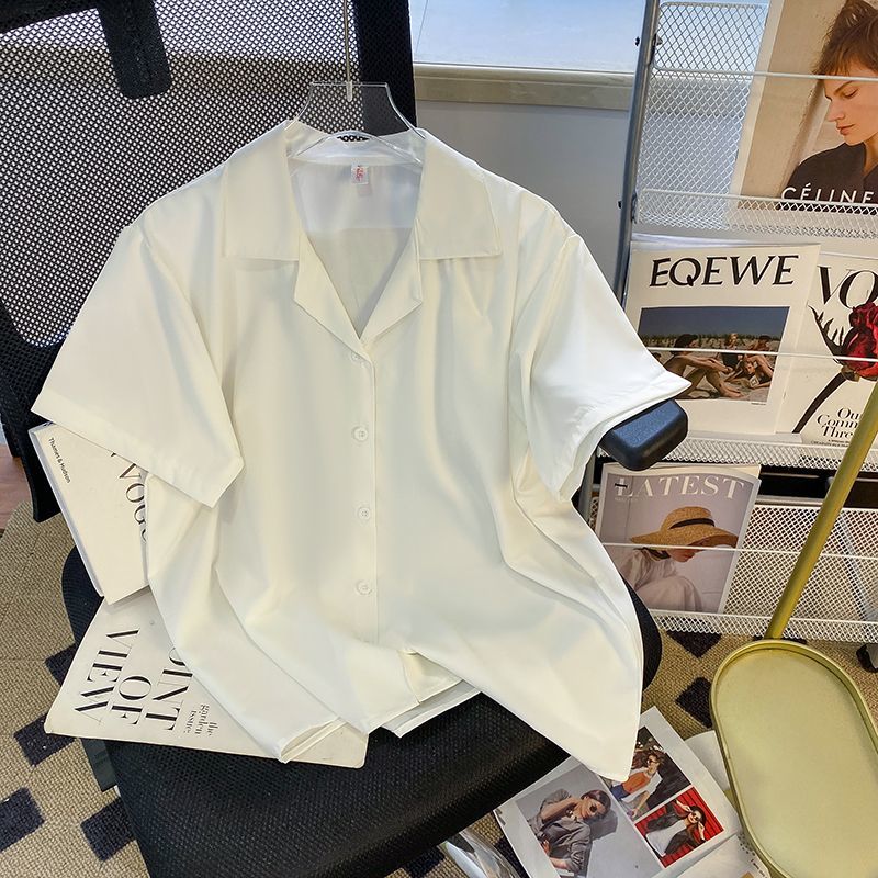 西装领短袖衬衫女夏季2022年简约百搭设计感职业通勤面试白色上衣