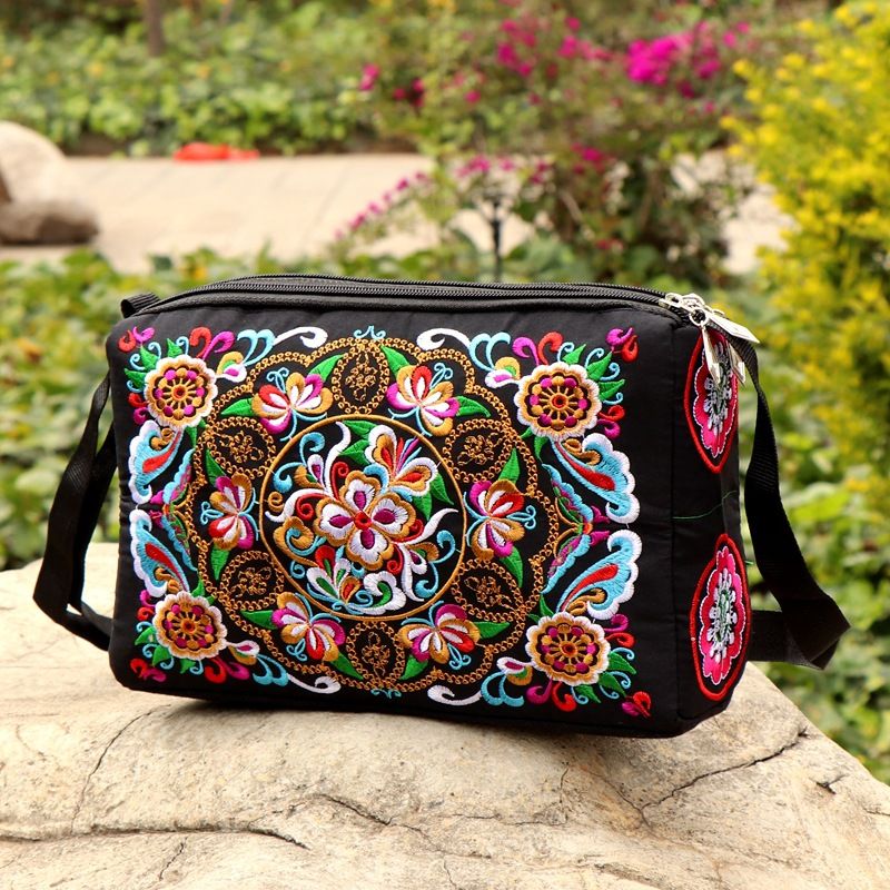 Embroidered crossbody bag ethnic style shoulder bag embroidered canvas grandma female antique multi-layered bag cloth bag for the elderly