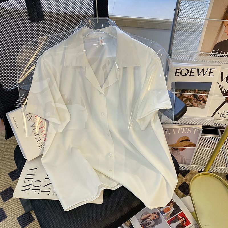 西装领短袖衬衫女夏季2022年简约百搭设计感职业通勤面试白色上衣