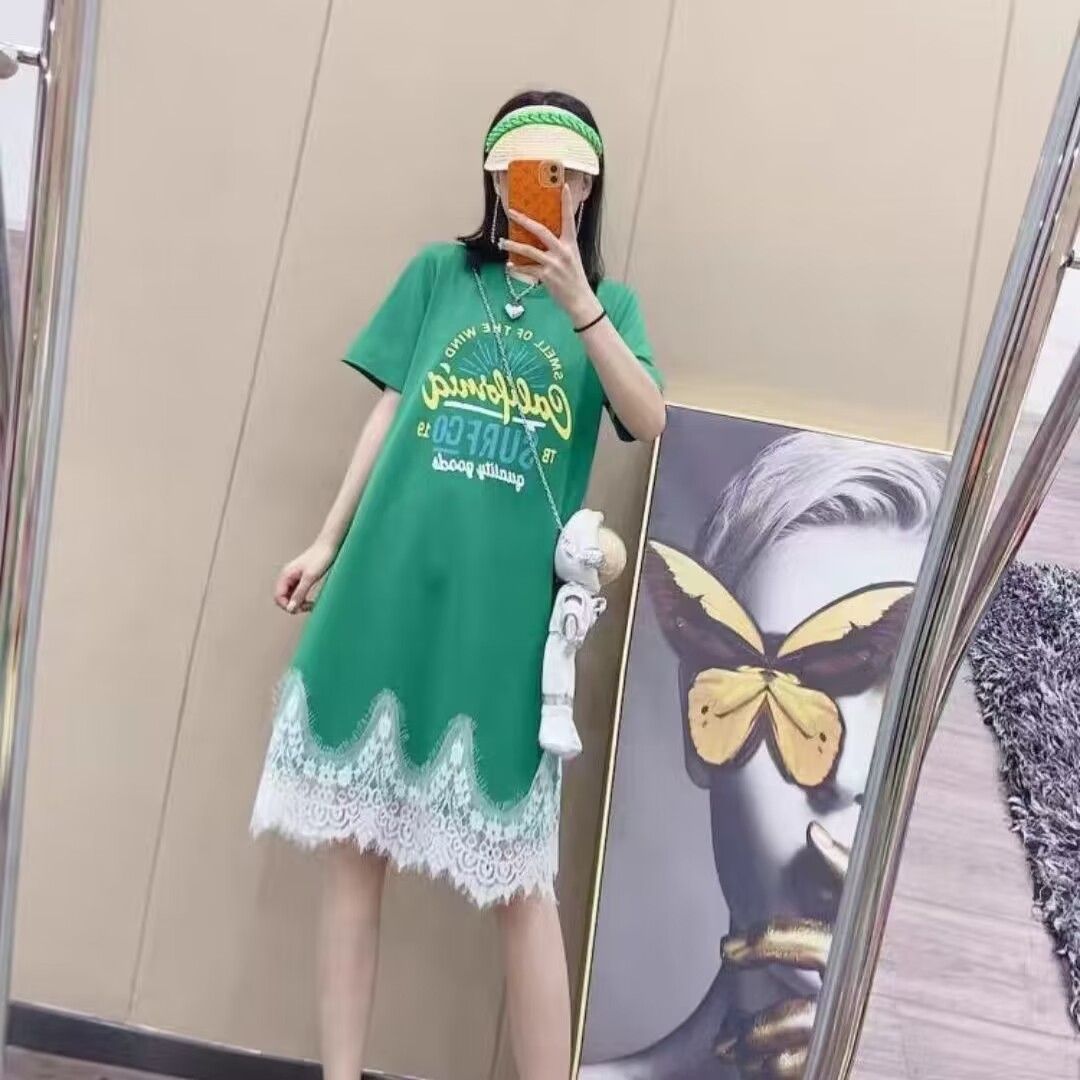 Fake two-piece lace stitching printed short-sleeved dress female 2023 new summer Korean version loose mid-length T-shirt