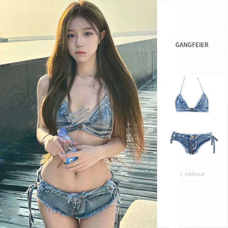Hot girl swimsuit female sexy denim bikini three-point split swimsuit female resort hot spring internet celebrity pure desire·