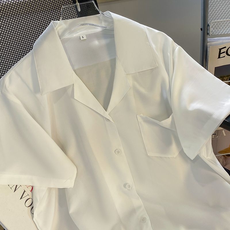 白色西装领衬衫女短袖夏洋气宽松别致上衣简约韩系设计感通勤衬衣