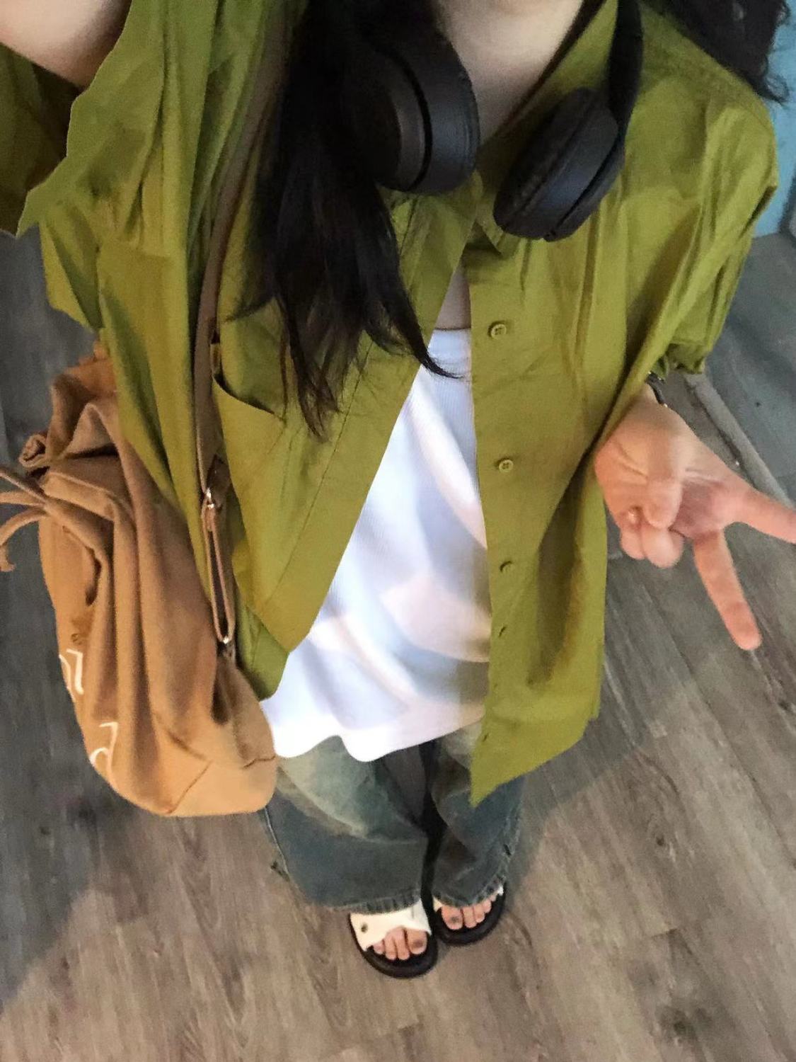 夏季新款芥末綠色純棉襯衫短袖女寬鬆休閒顯瘦襯衣外搭休閒上衣潮