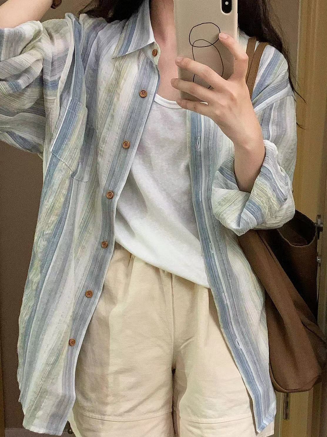 夏季薄款高級感復古霧藍色條紋襯衫女寬鬆襯衣防曬衫外搭寬鬆上衣
