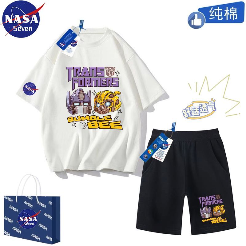 NASA Transformers children's suit summer cotton T-shirt boy handsome Optimus Prime Bumblebee short-sleeved shorts