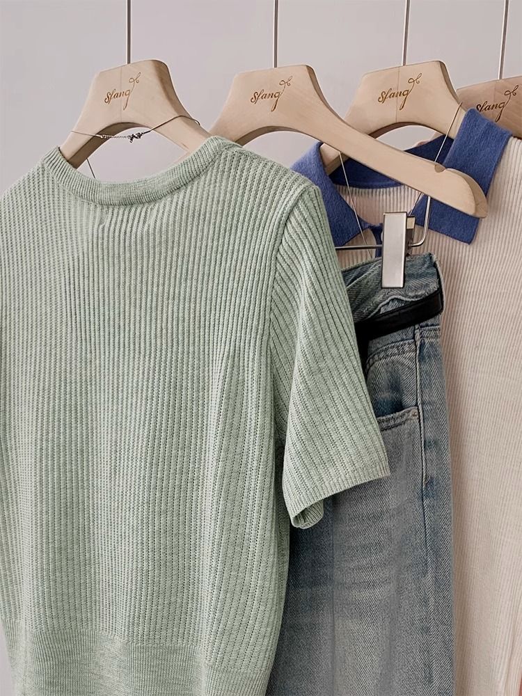 Green u-neck short front shoulder knitted short-sleeved t-shirt women's summer  new design sense niche small top