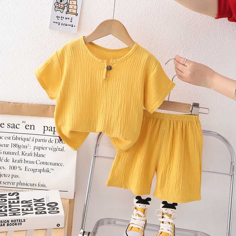 Boys summer short-sleeved suit boys handsome linen cotton two-piece suit boys clothes trendy boy baby short-sleeved two-piece suit