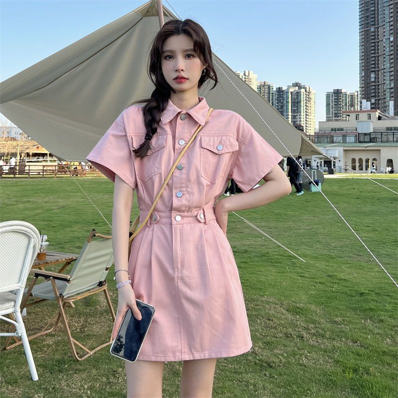 高級感小眾設計牛仔短袖連衣裙女夏季2023新款別致收腰A字短裙子