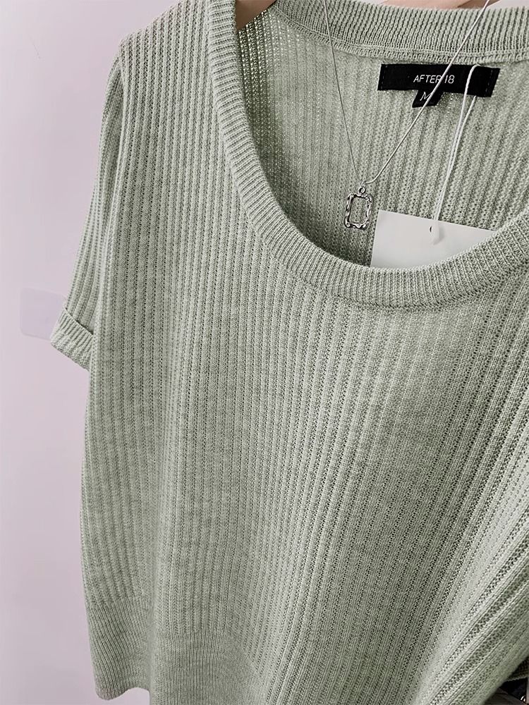 Green u-neck short front shoulder knitted short-sleeved t-shirt women's summer  new design sense niche small top