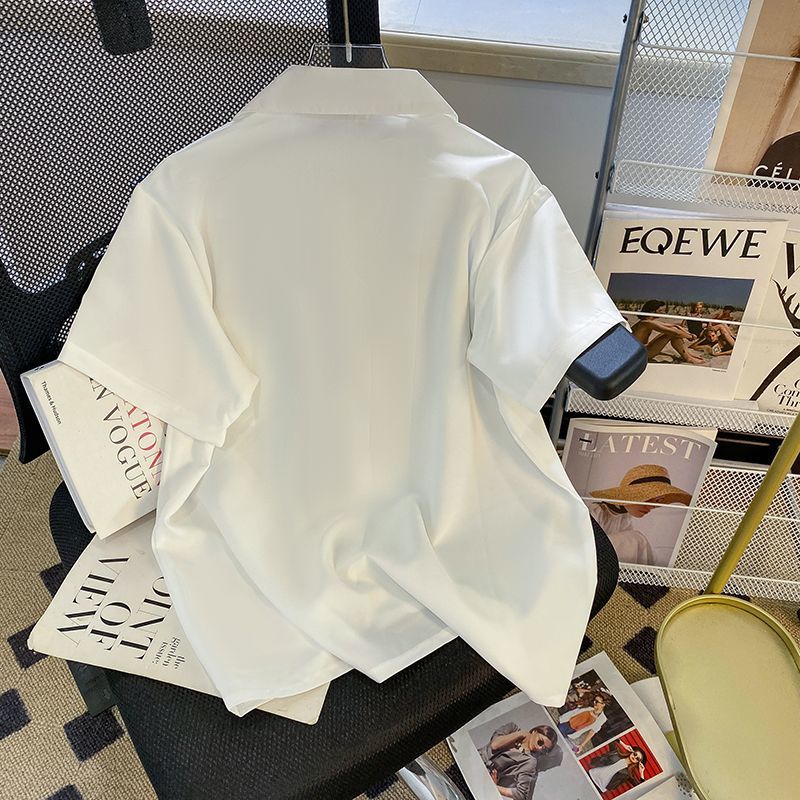 白色西装领衬衫女短袖夏洋气宽松别致上衣简约韩系设计感通勤衬衣