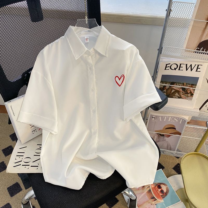 白色短袖襯衫女夏款設計感愛心刺繡襯衣韓系甜美百搭寬鬆氣質上衣