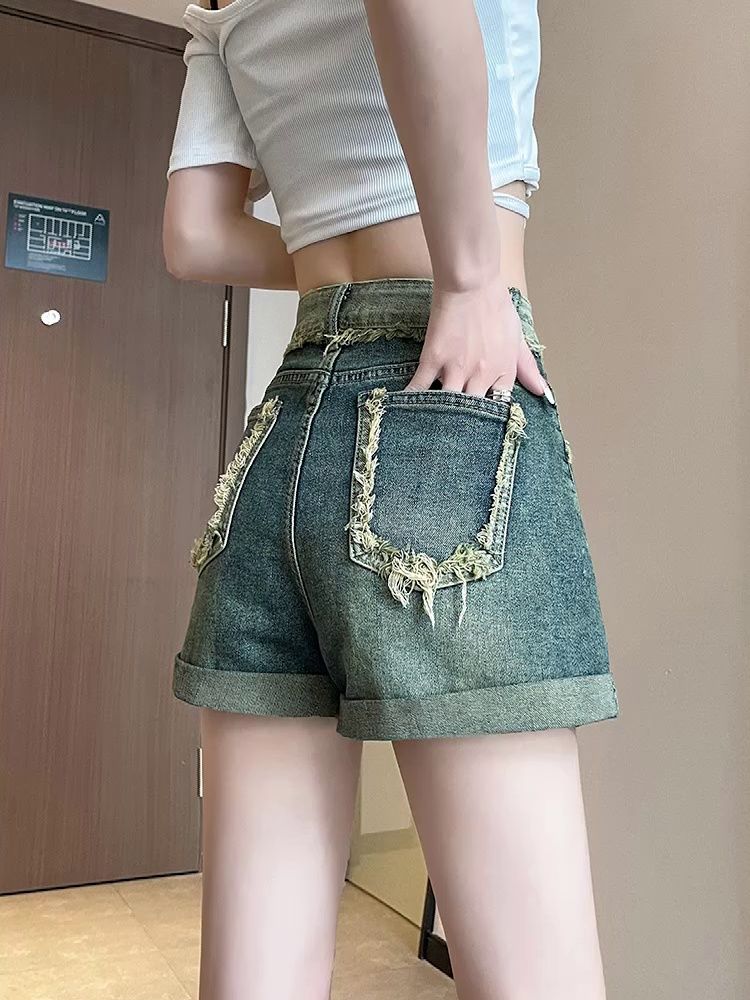 YSYOURS卷邊牛仔短褲女夏季薄款高腰顯瘦復古寬鬆大碼闊腿a字熱褲