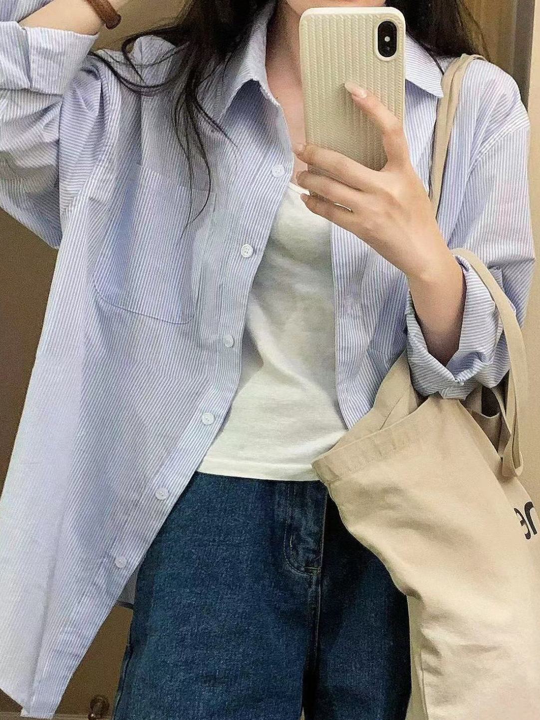 夏季2023新款藍色條紋襯衫女寬鬆休閒顯瘦襯衣防曬開衫百搭上衣潮