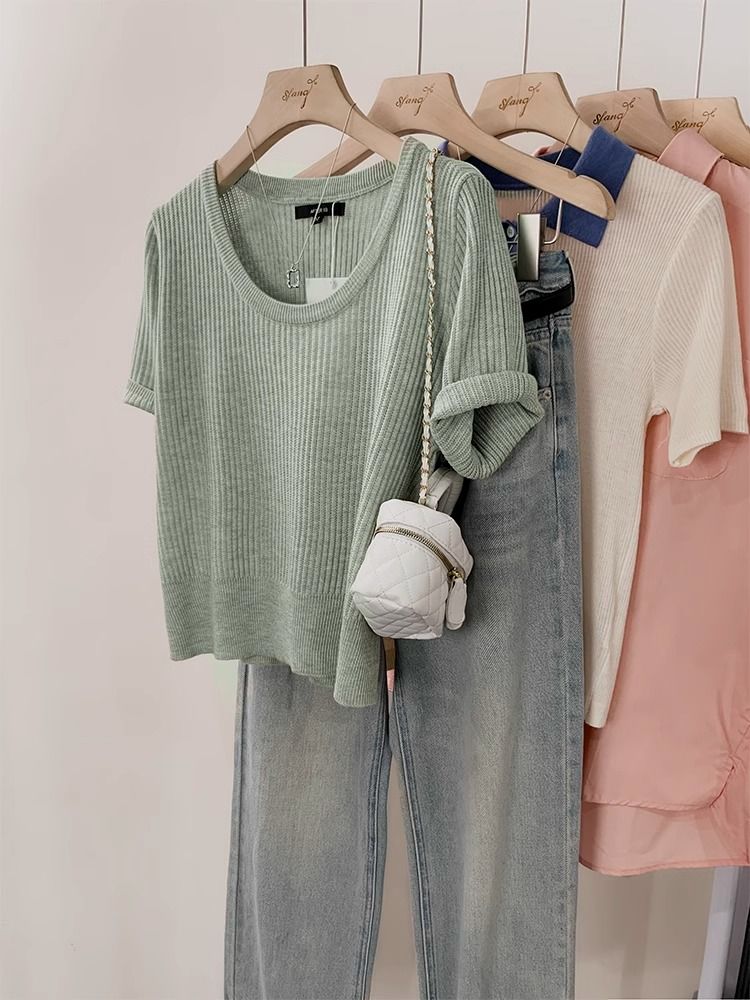 Green u-neck short front shoulder knitted short-sleeved t-shirt women's summer 2023 new design sense niche small top